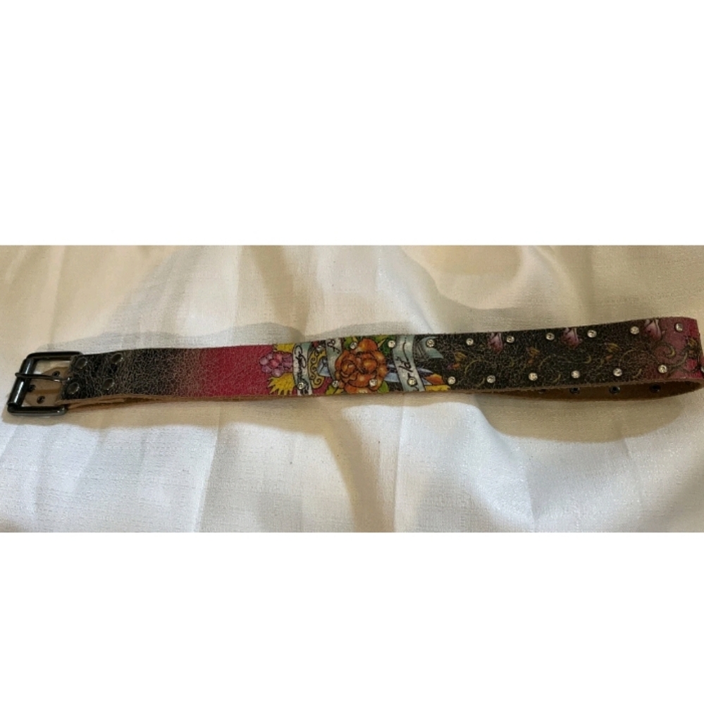 Ed Hardy For The World Rhinestone Studded Pink Black Tattoo Leather Belt Sz S-M - Picture 11 of 16